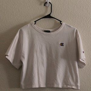 SMALL WHITE CHAMPION CROPPED TOP W/ SIGNATURE LOGO